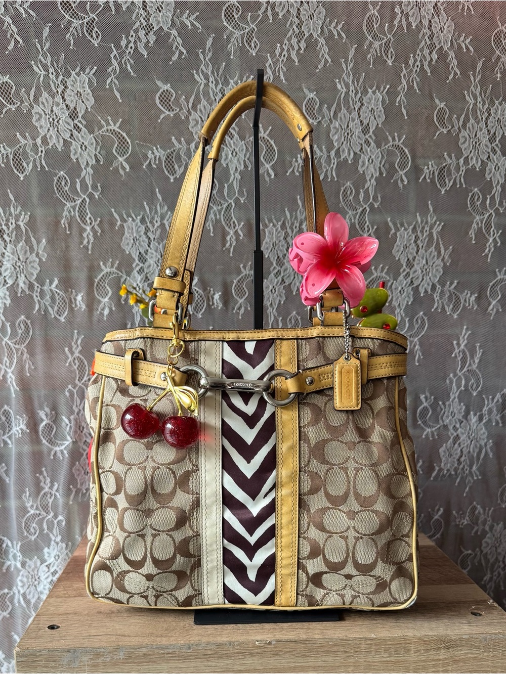 Coach Beige and Brown Zebra Print Signature Tote with Tan Trim